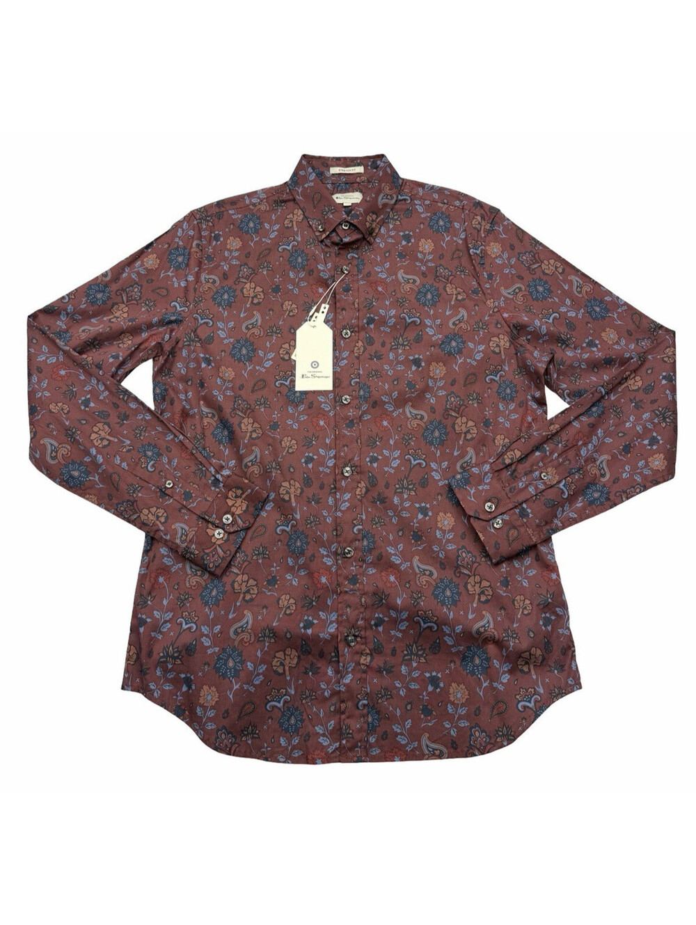 Ben Sherman Stretch Regular Fit Button Down Shirt Paisley Burgundy Size M